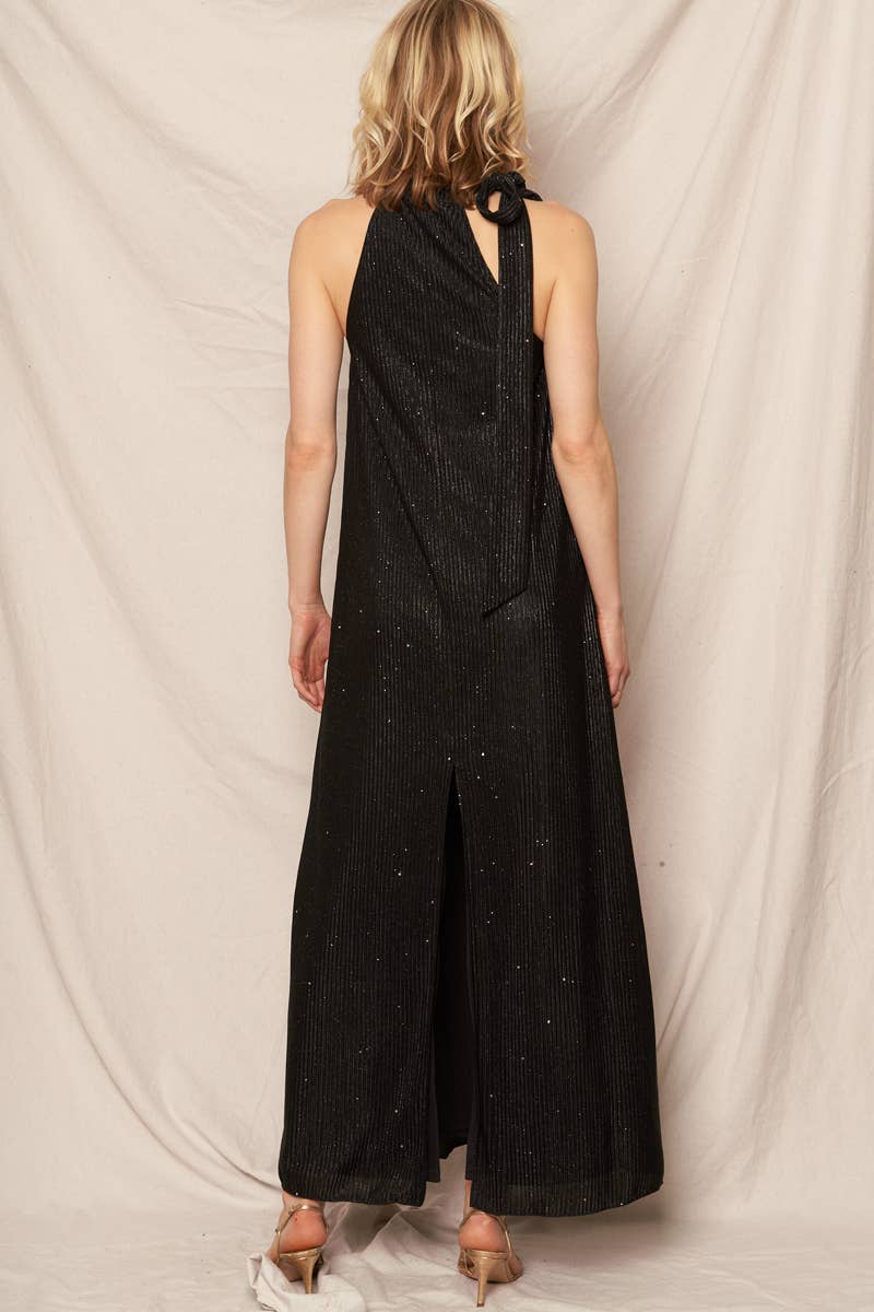 Metallic Chevron Print Halter Neck Maxi Dress