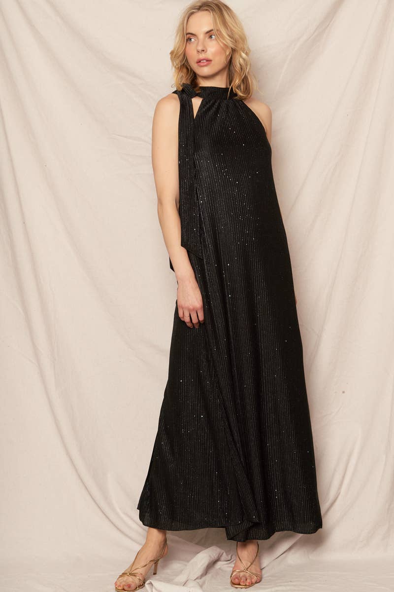 Metallic Chevron Print Halter Neck Maxi Dress