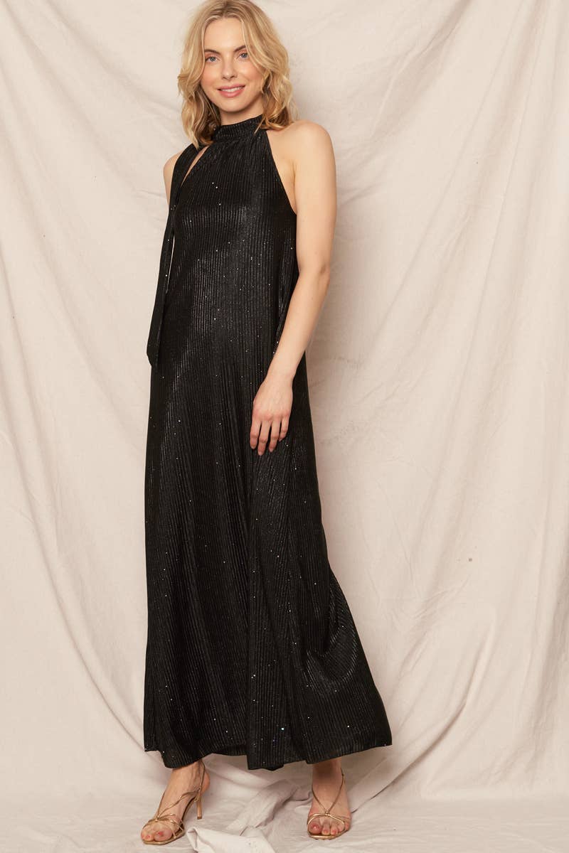 Metallic Chevron Print Halter Neck Maxi Dress