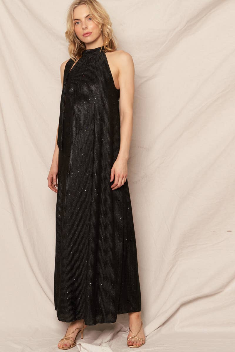 Metallic Chevron Print Halter Neck Maxi Dress